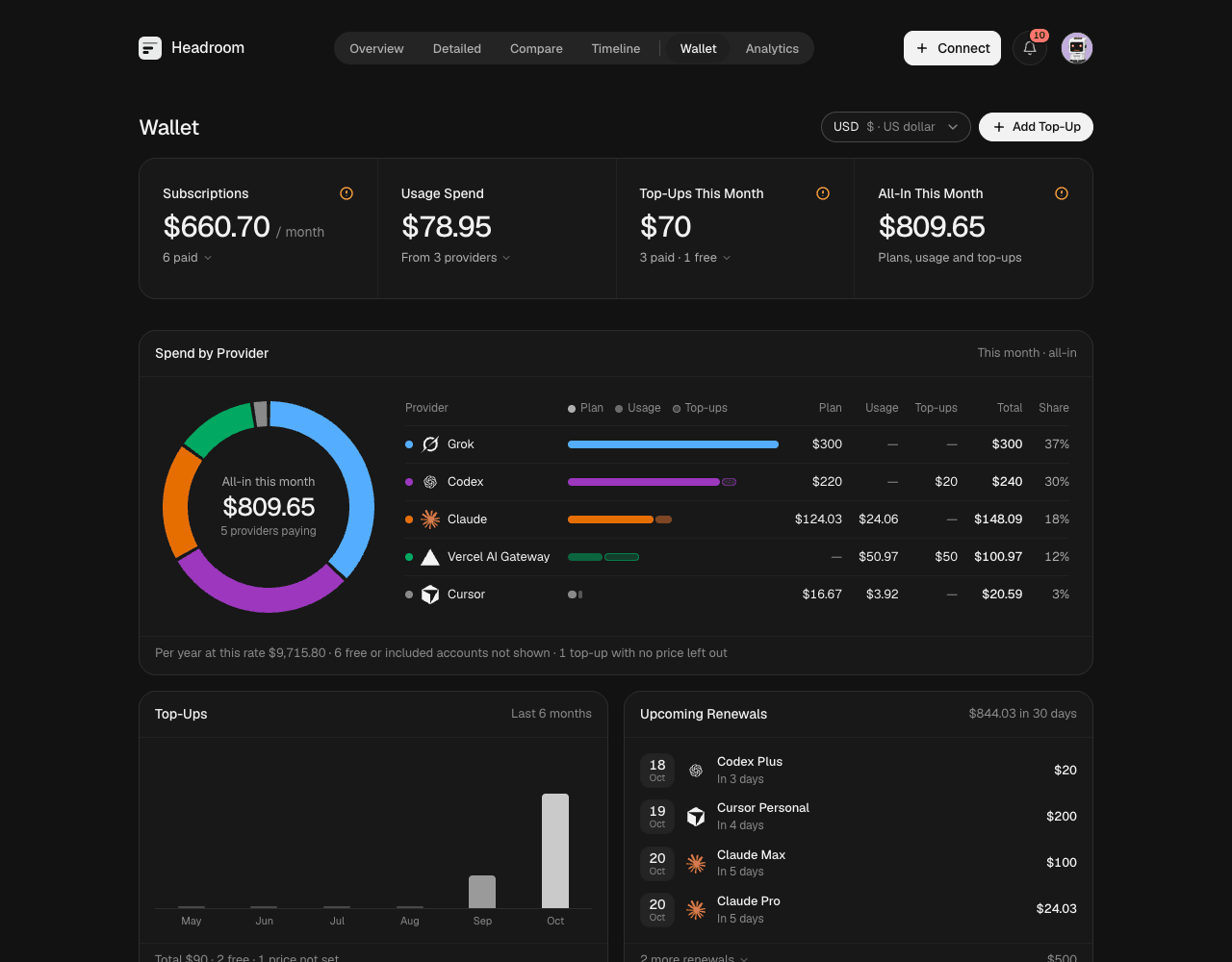 Wallet: monthly spend by provider, top-ups and renewals