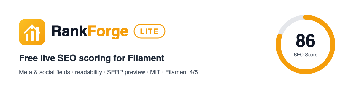 RankForge Lite: free SEO fields, live SEO and readability score, and SERP preview for Filament
