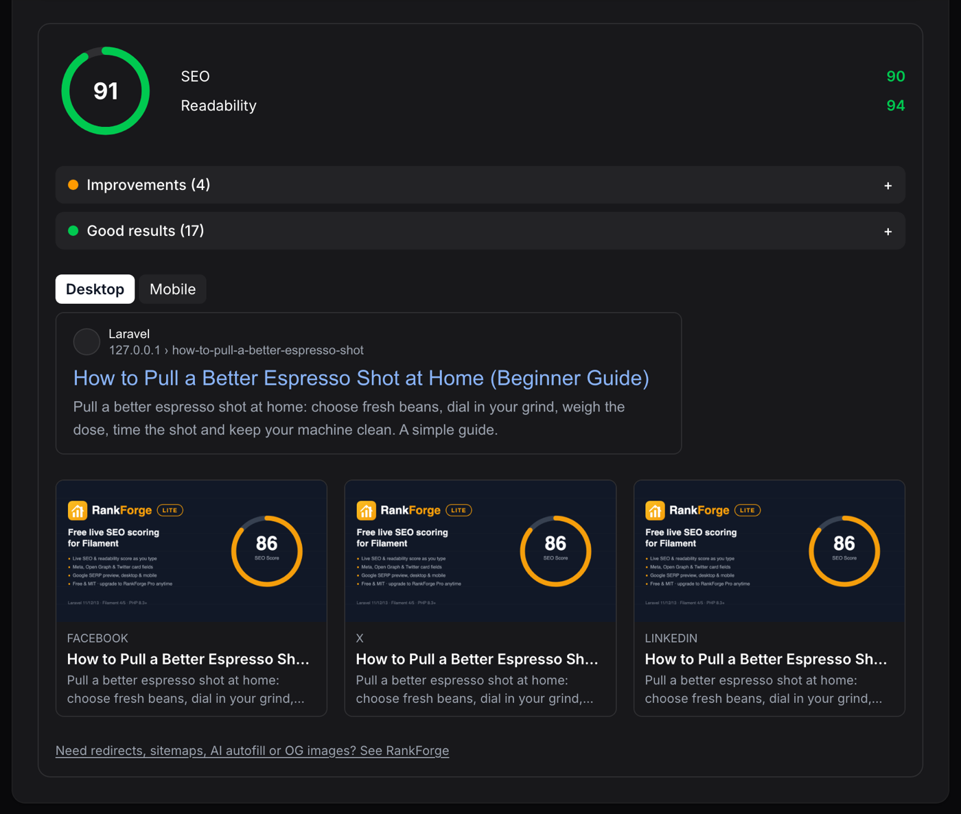 The RankForge Lite SEO section in a Filament edit form: score gauge, check list, SERP preview and social cards