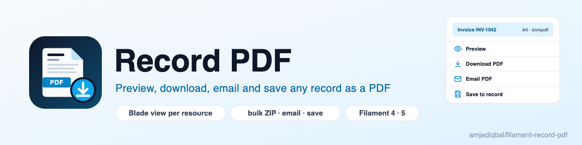 Record PDF: preview, download, email and save any Filament record as a PDF