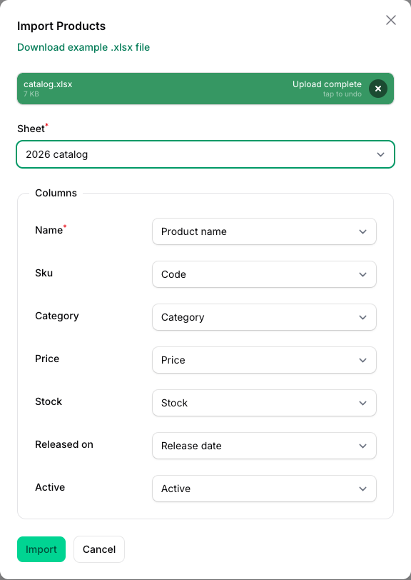 The import modal with an .xlsx file, the sheet picker and the guessed column mapping