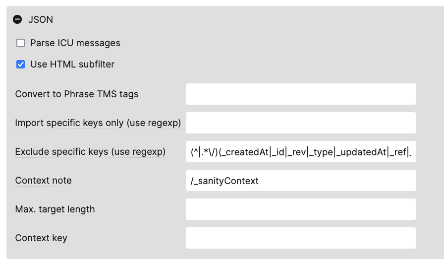 Screenshot of Phrase's JSON file import settings