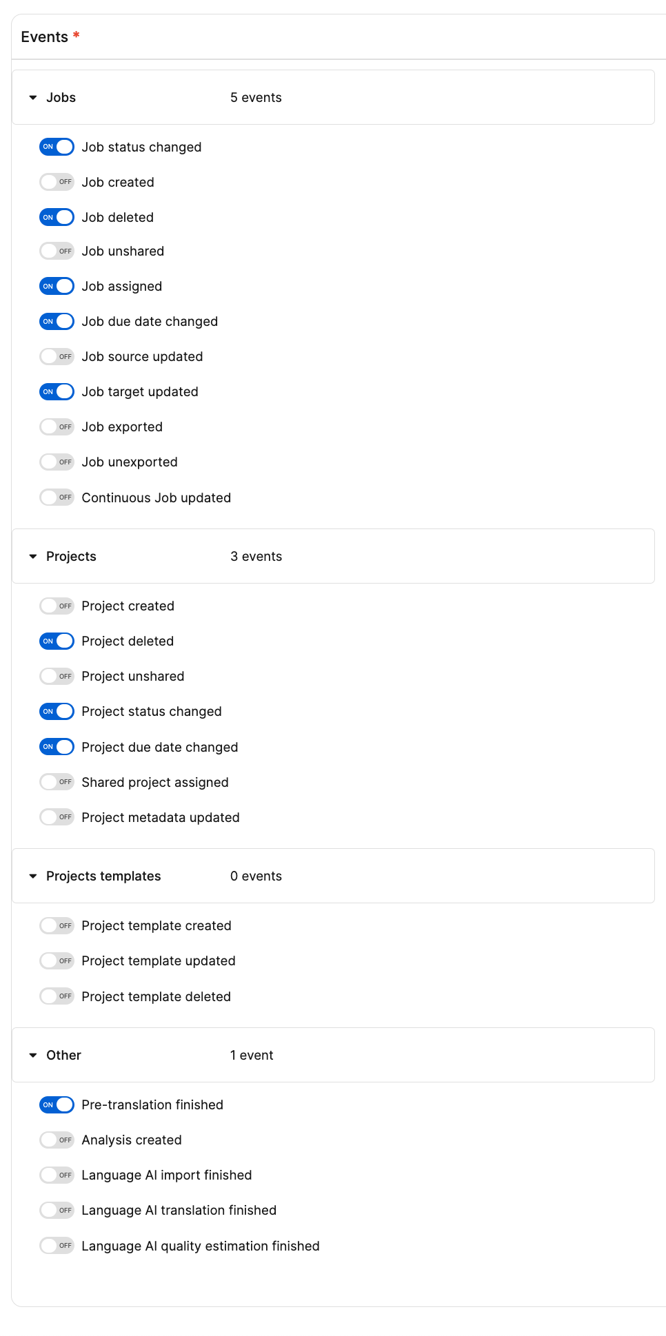 Phrase webhook events settings