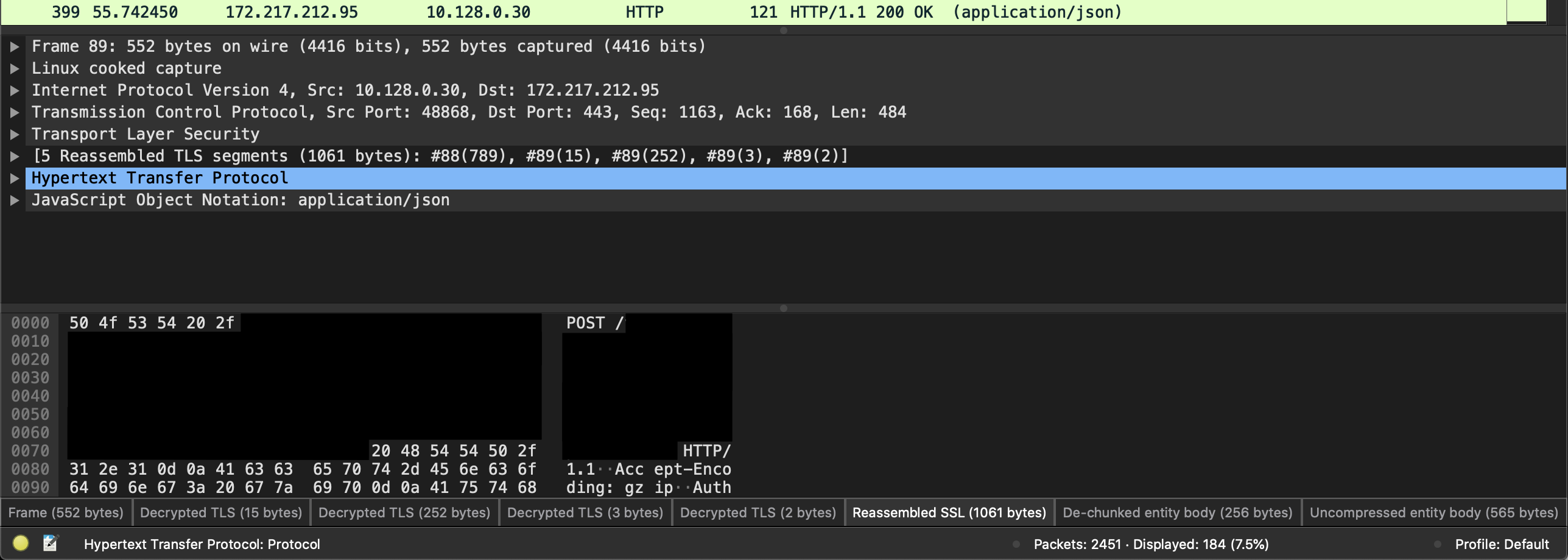 Wireshark screenshot showing packet decryption.