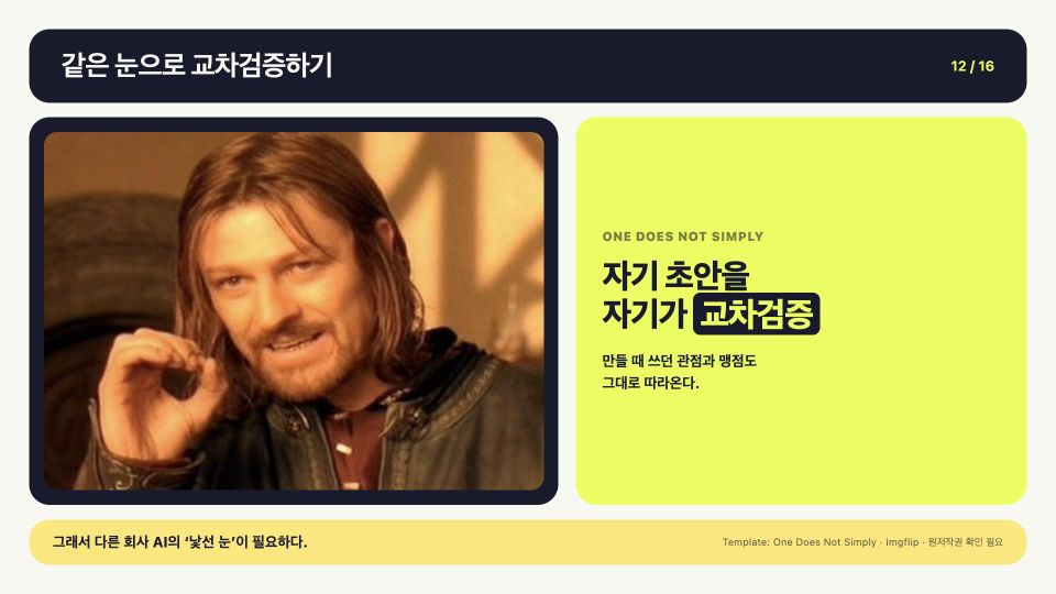 밈 삽입 후: One Does Not Simply 밈으로 자기 초안을 스스로 교차검증하기 어렵다는 점을 표현한 슬라이드