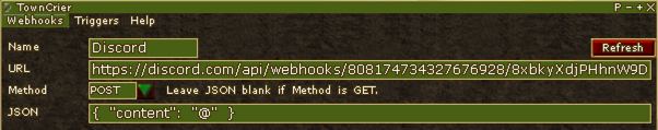 Image of TownCrier's ingame interface creating a new webhook to send events to a Discord channel
