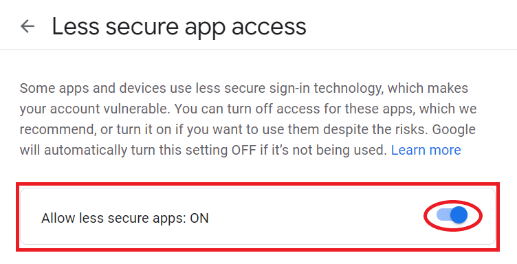 Turn on to allow less secure app