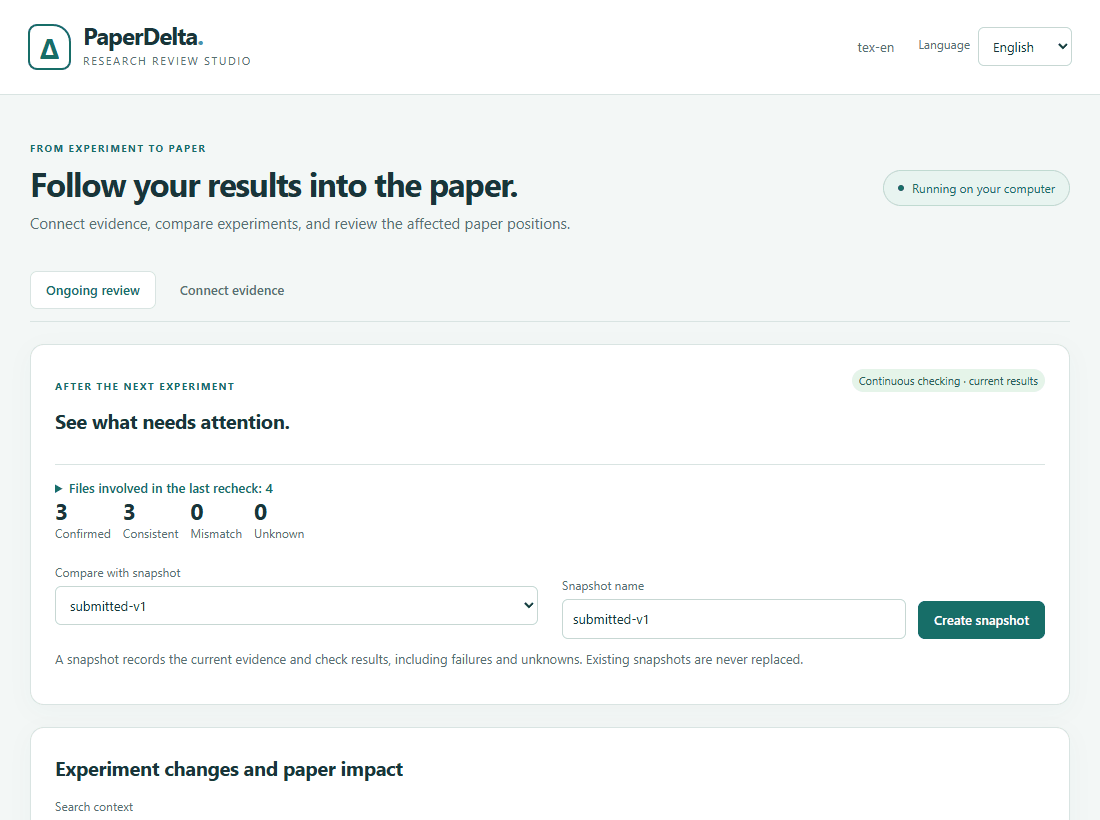 PaperDelta Studio: snapshot comparison, changed accuracy from 84.1% to 80.1%, exact evidence rows and a declaration-change preview.