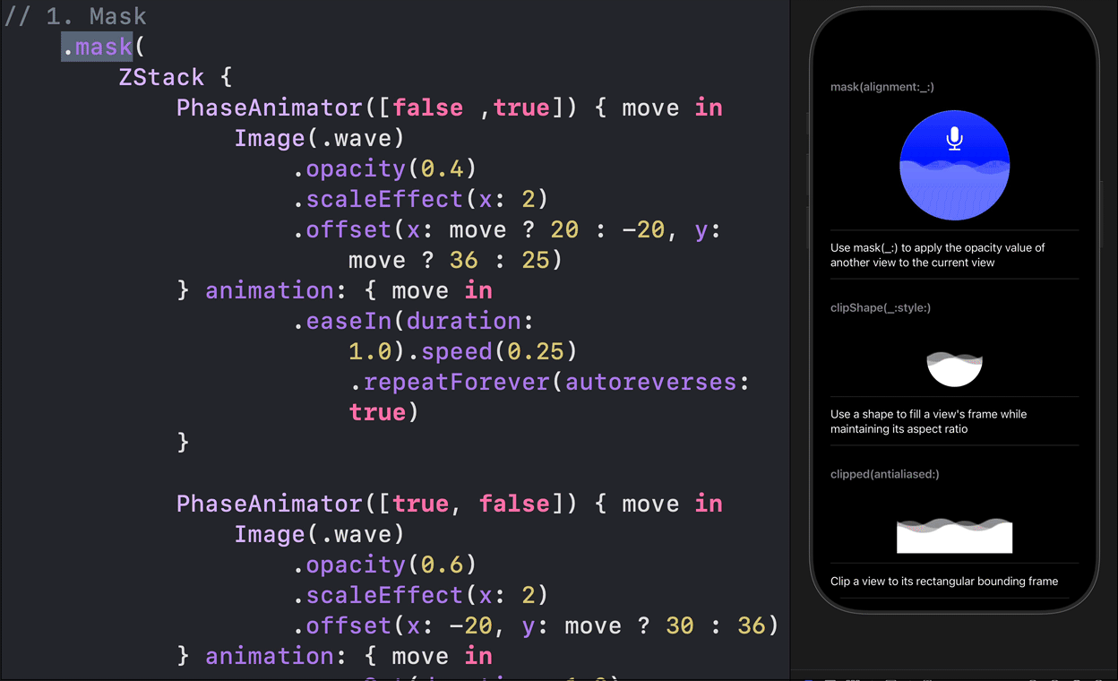 Animated, visual guide to SwiftUI mask(alignment::), clipShape(:style:), and clipped(antialiased:)