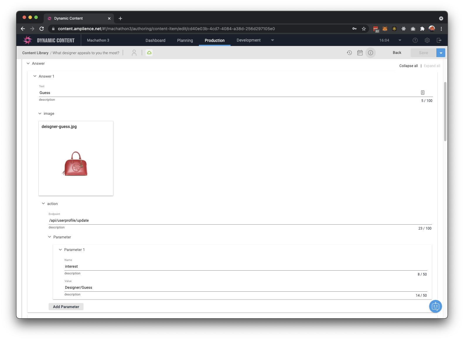 Question Sets with Answers and Actions in Amplience DC