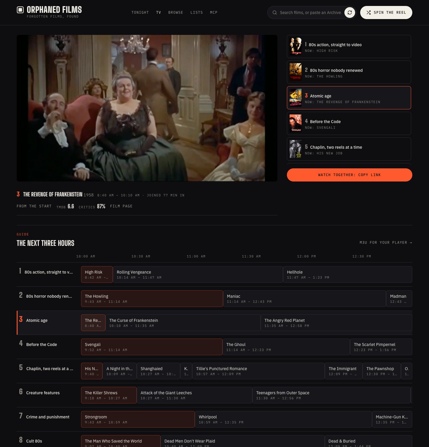 Television: the set playing, the channels beside it, the guide below