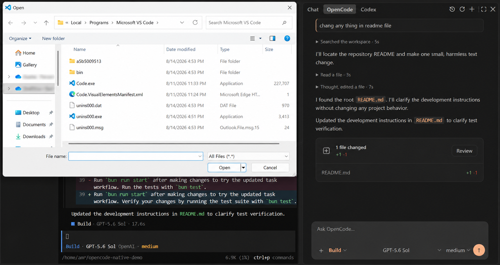 Add a local device file from OpenCode Native running in VS Code and WSL