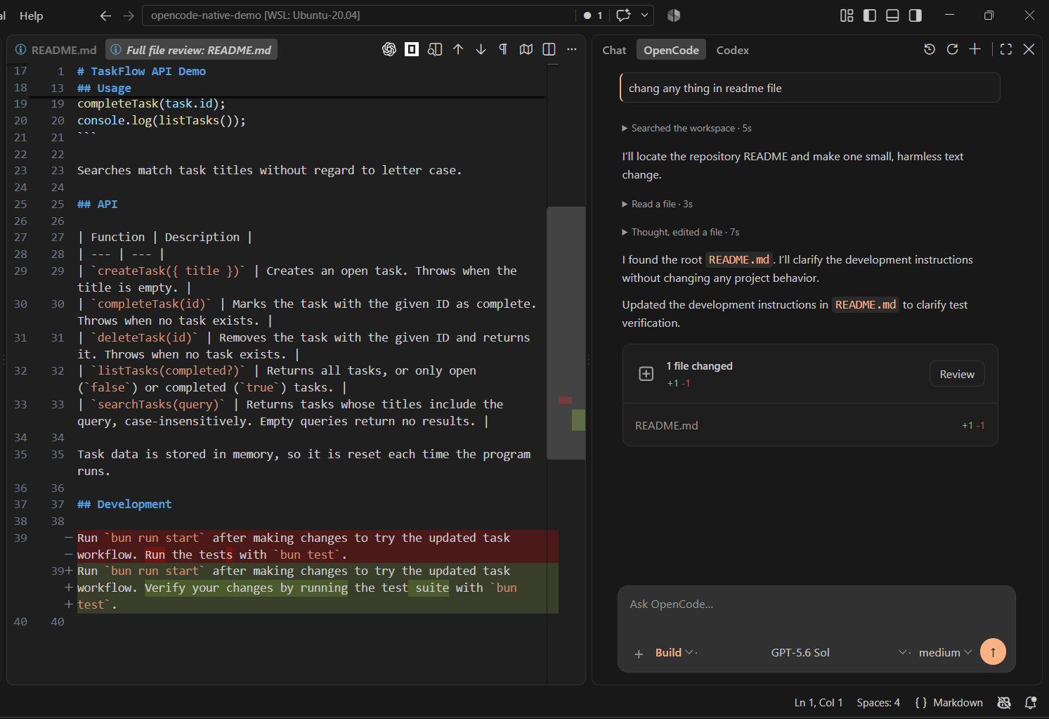 OpenCode Native chat, tool activity, changed-files summary, and full-file diff review