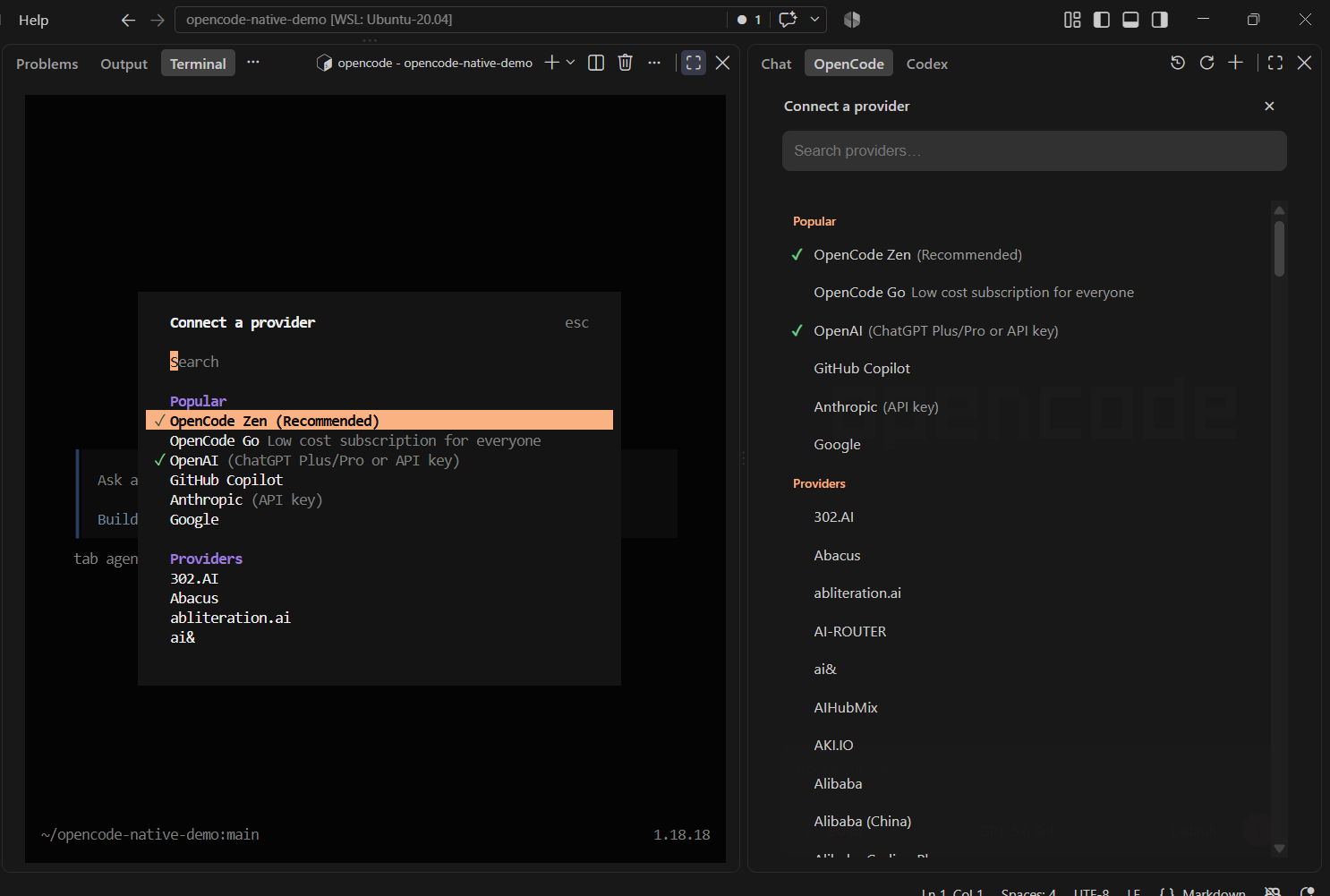 Matching provider connection experience in the OpenCode TUI and Native sidebar