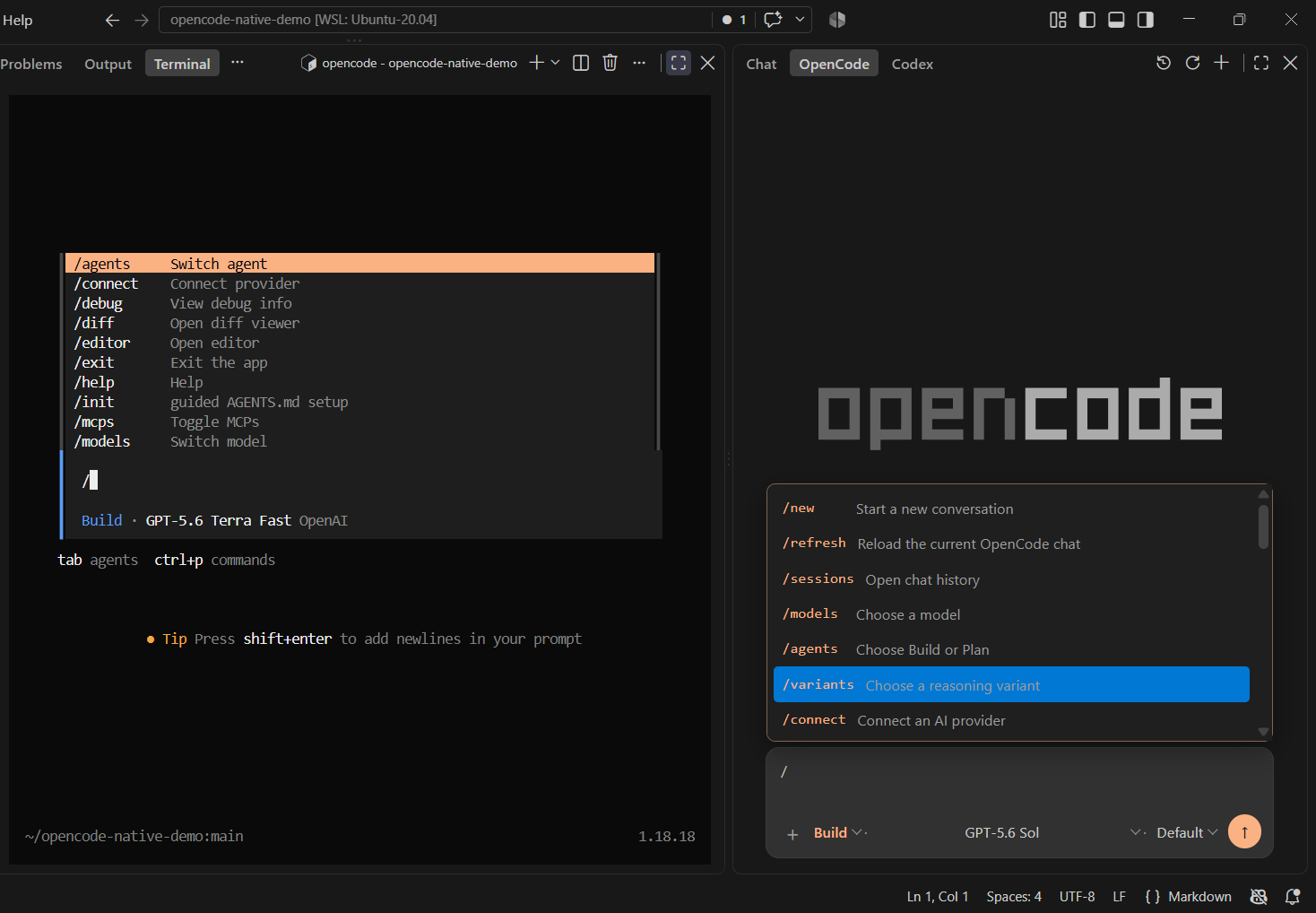 Searchable slash commands in the OpenCode TUI and Native sidebar