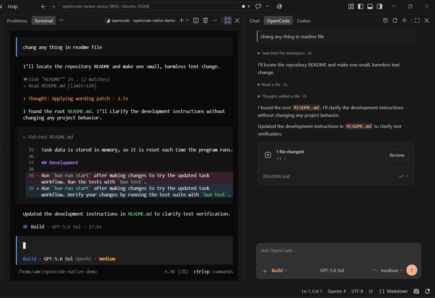 The same OpenCode task and result shown in the TUI and Native sidebar