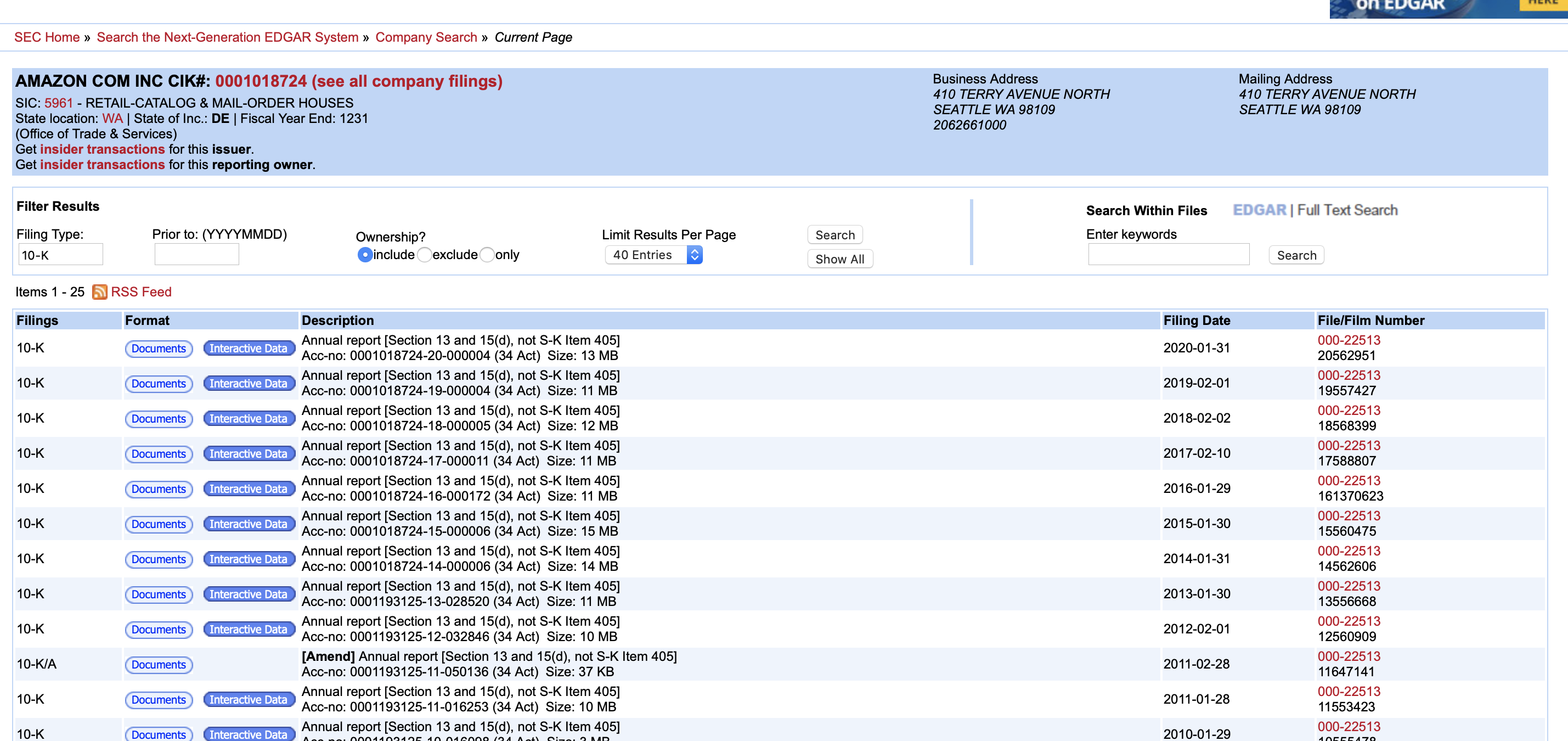 "First Webpage to be scrapped to find all the 10K Documents"