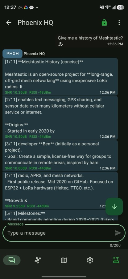 Chatting with the Hermes agent from the Meshtastic phone app, with replies split into numbered chunks and per-message SNR/RSSI