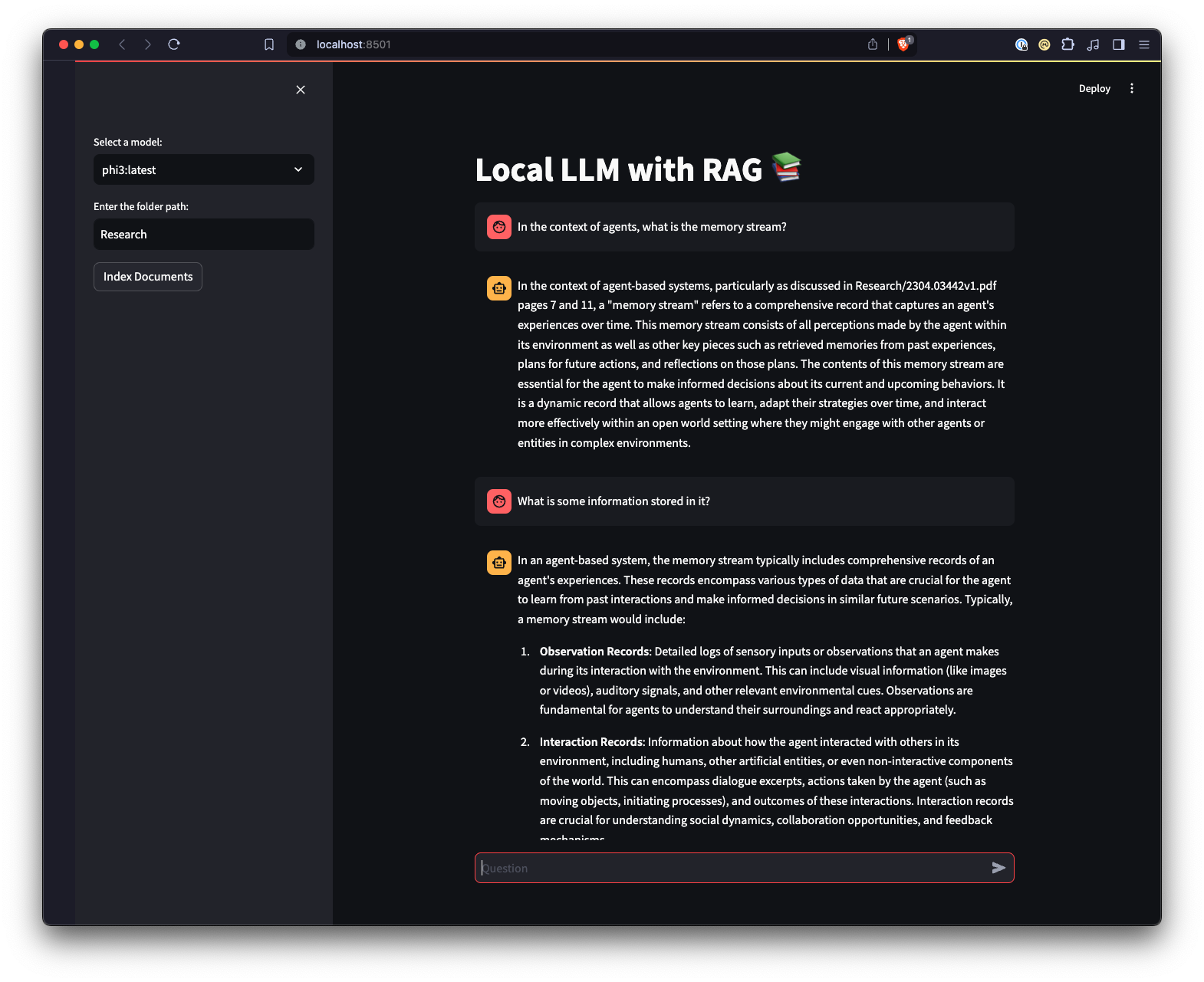 Screenshot of Streamlit web UI