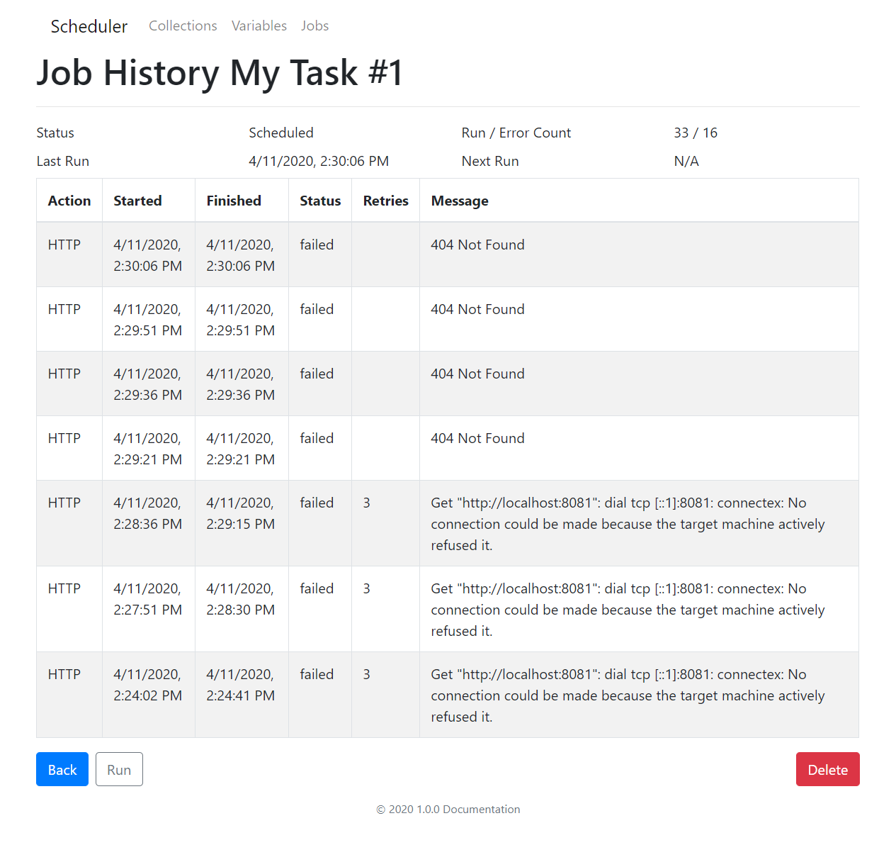 Screenshot of job history screen