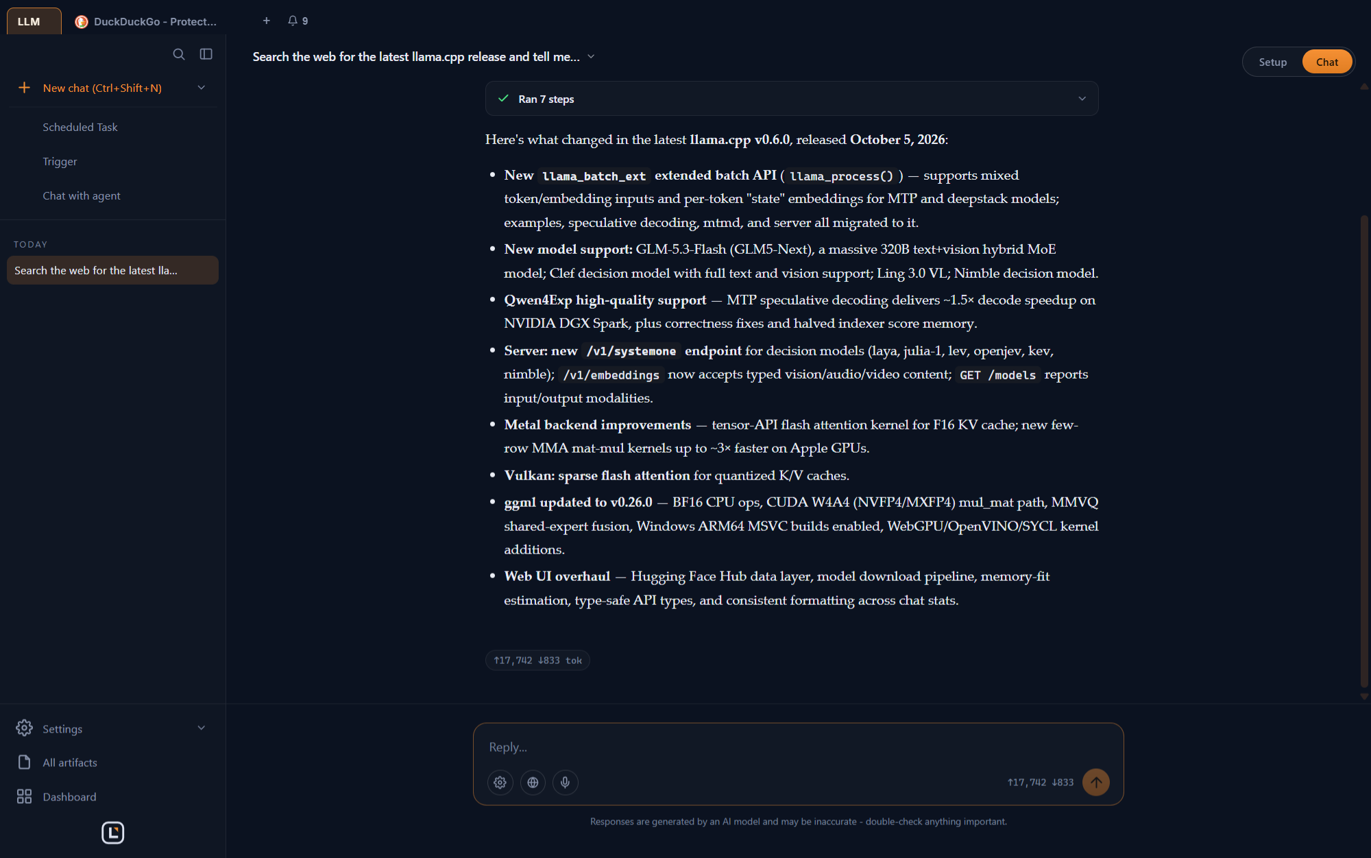 LumaBrowser chat answering a question after searching the web