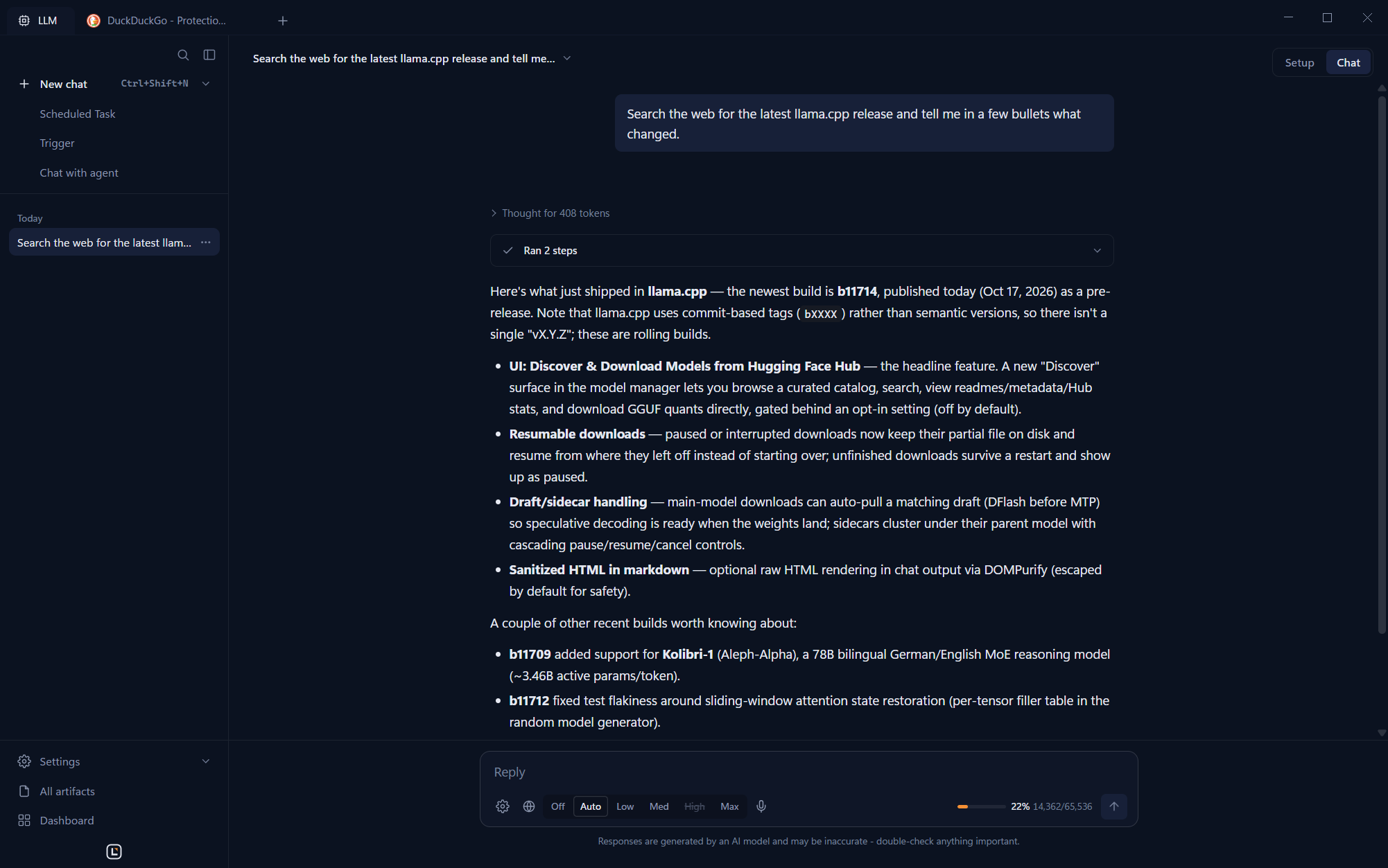 LumaBrowser chat answering a question after searching the web