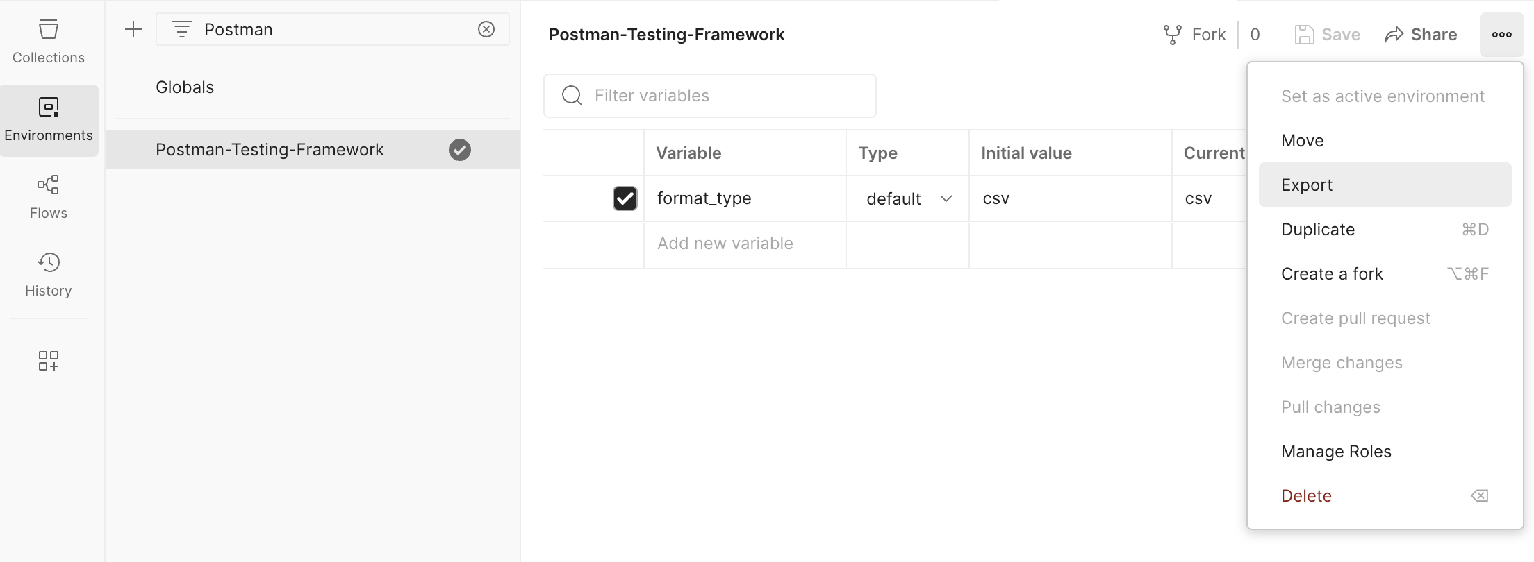 Screenshot depicts an environment 'Postman-Testing-Framework'