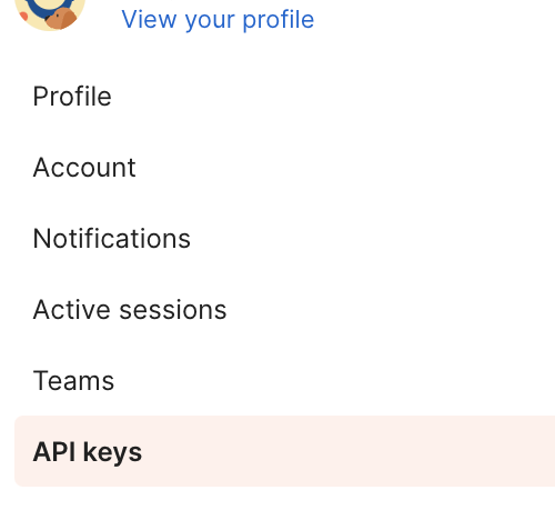 Screenshot depicts a postman profile navigation menu, showing 'API keys' as selected