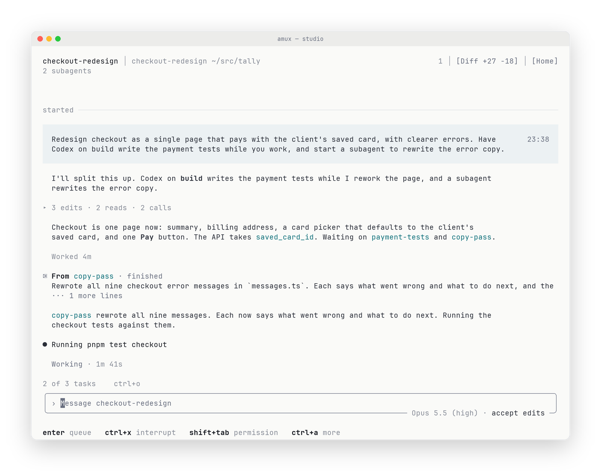A Claude agent's chat: it starts two subagents, then picks up the report its copy-writing subagent sent back