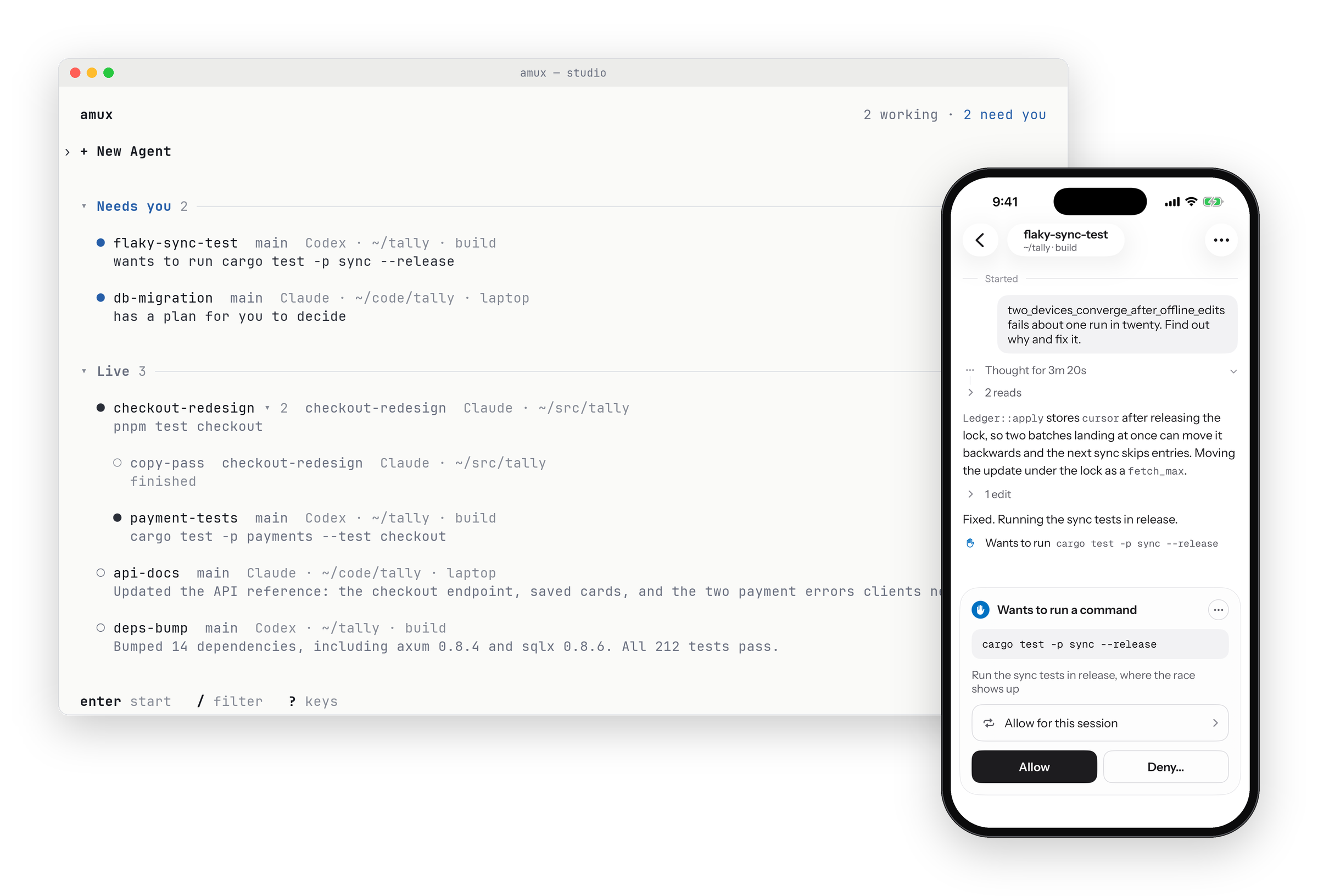 The amux terminal app and the amux iPhone app showing the same agents across three machines, with the phone approving an agent's request to run tests
