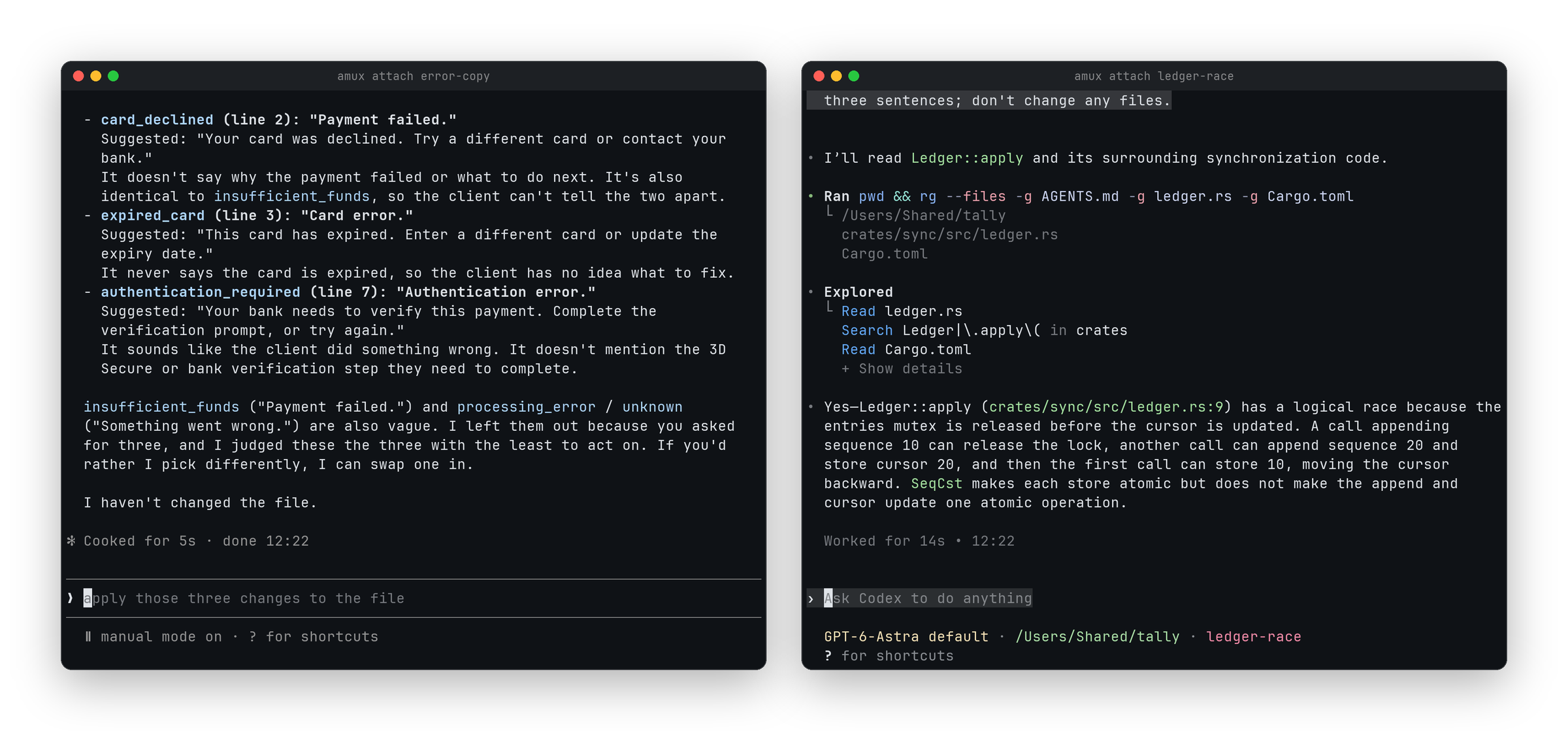 Claude Code's own interface and Codex's own interface side by side, each opened with amux attach