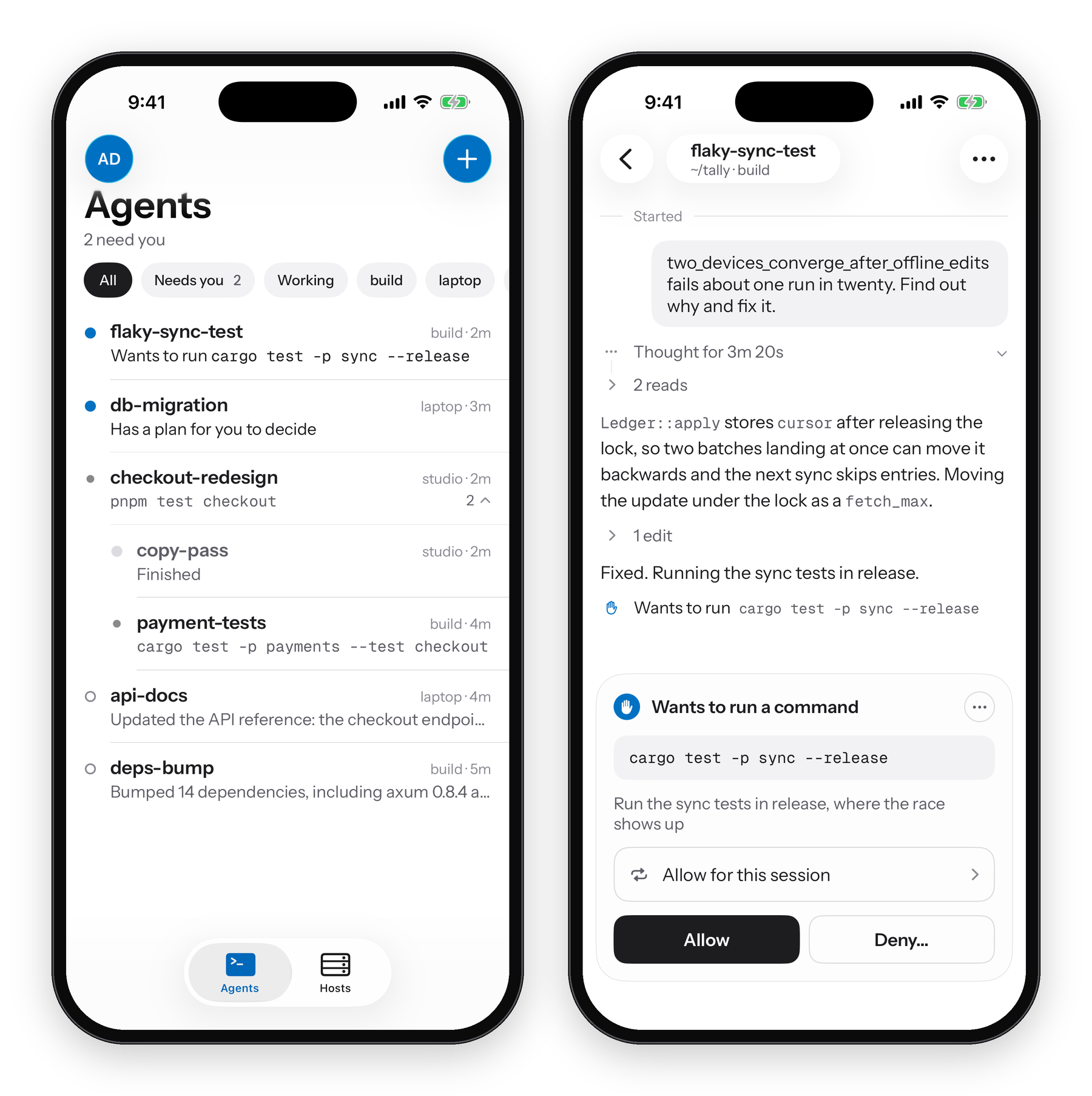 The iPhone app: every agent on three machines, and a Codex agent's request to run the sync tests waiting for Allow or Deny
