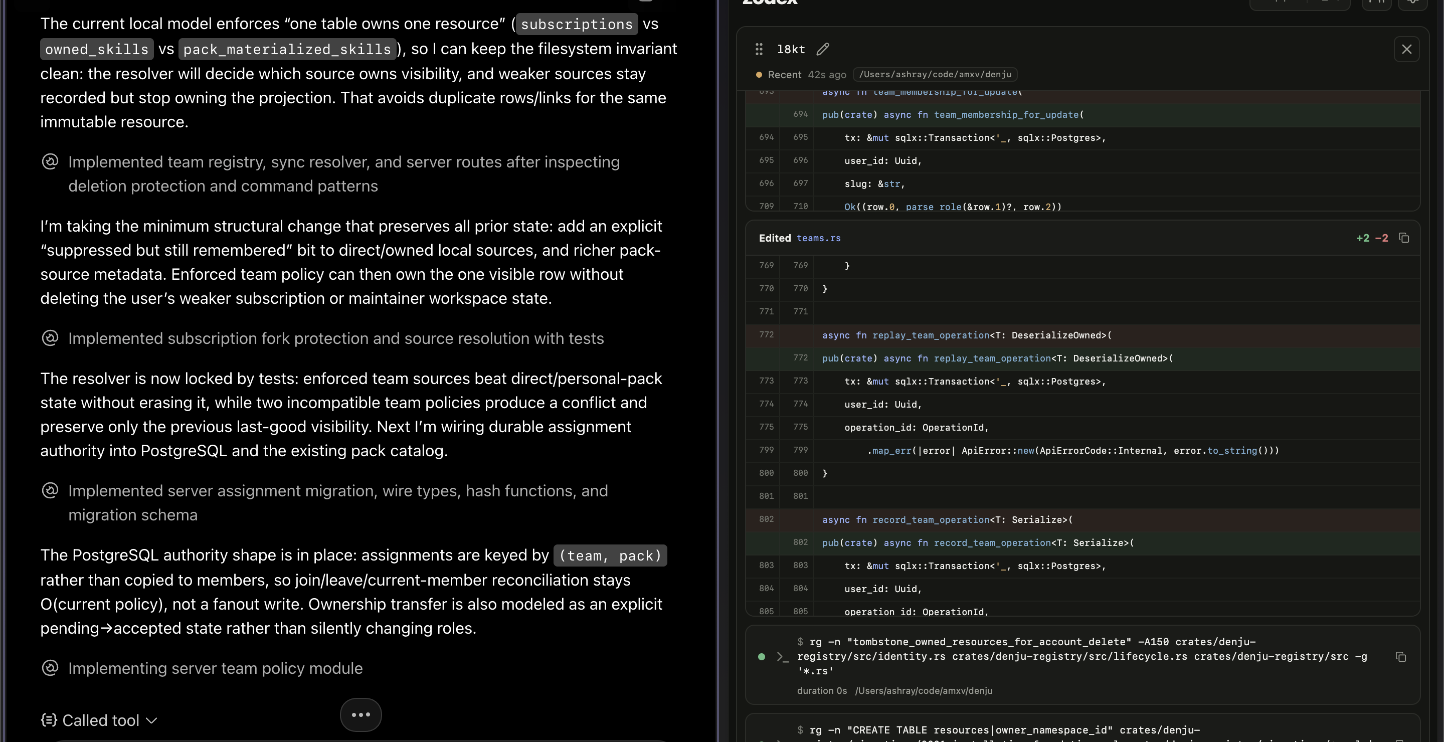 ChatGPT coding on a Mac through Zodex Local, with the Zodex Liveboard showing commands and file changes beside it