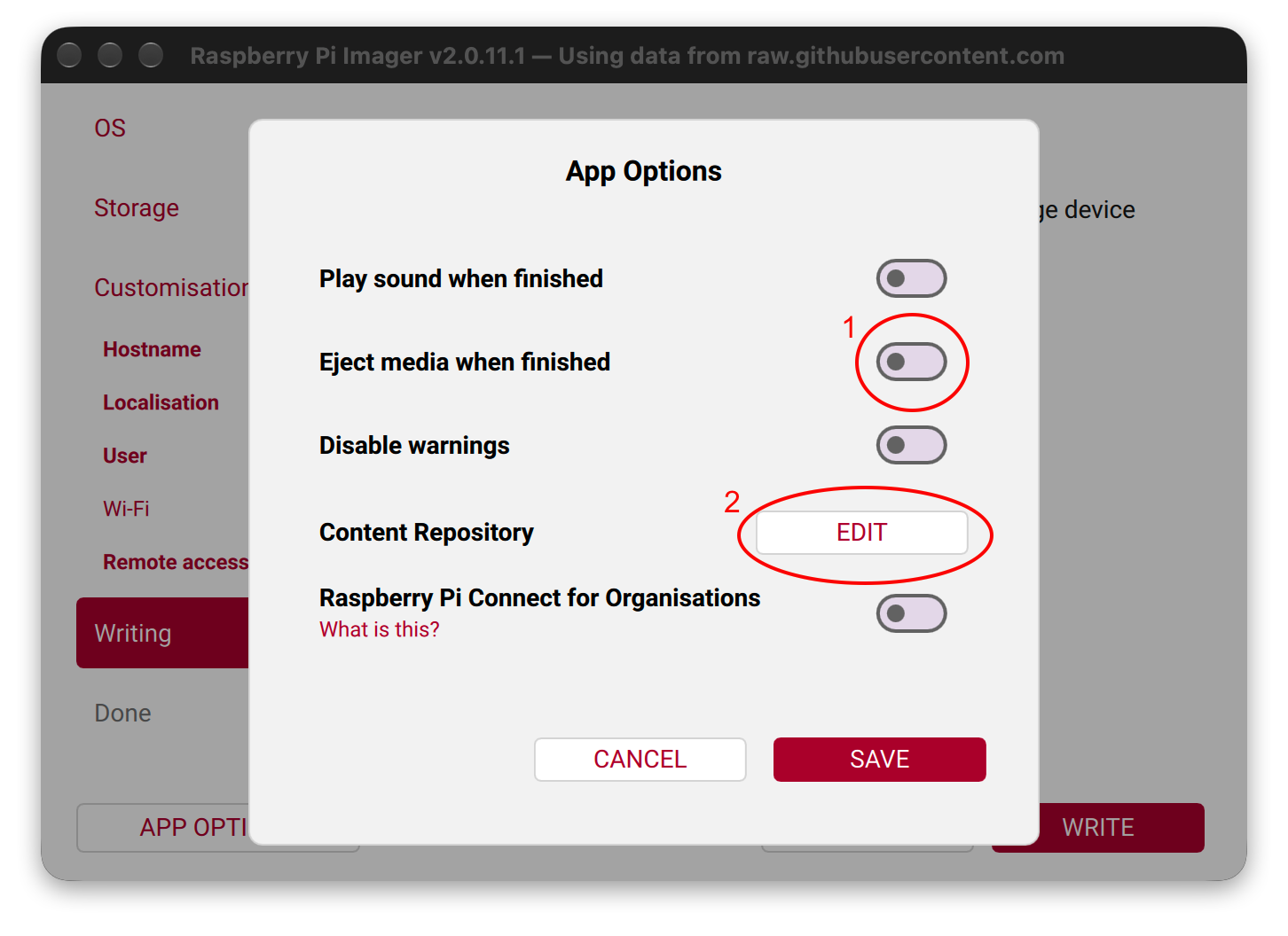 Imager's App Options: 1 Eject media when finished switched off, 2 Content Repository Edit