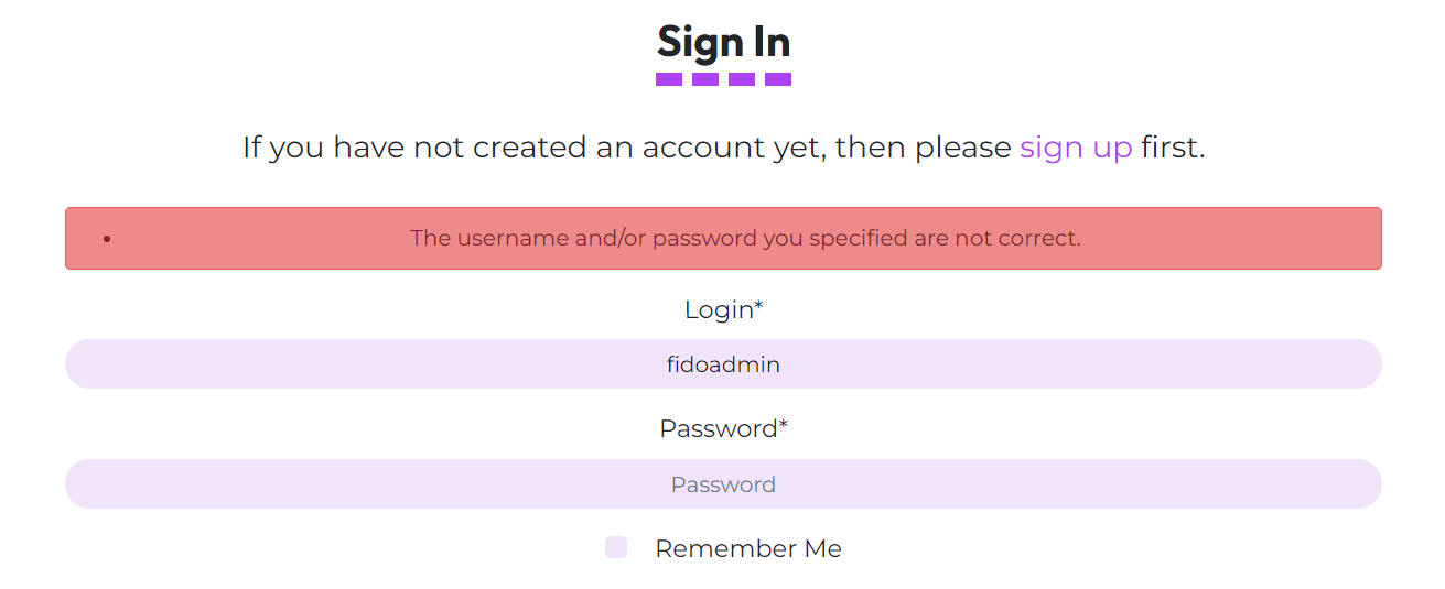 incorrect username/email warning