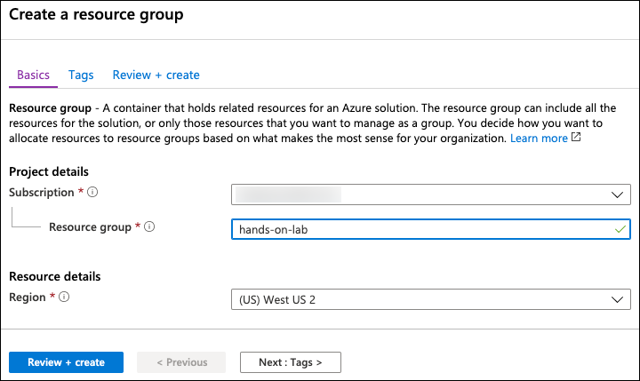 The values specified above are entered into the Create a resource group Basics tab.