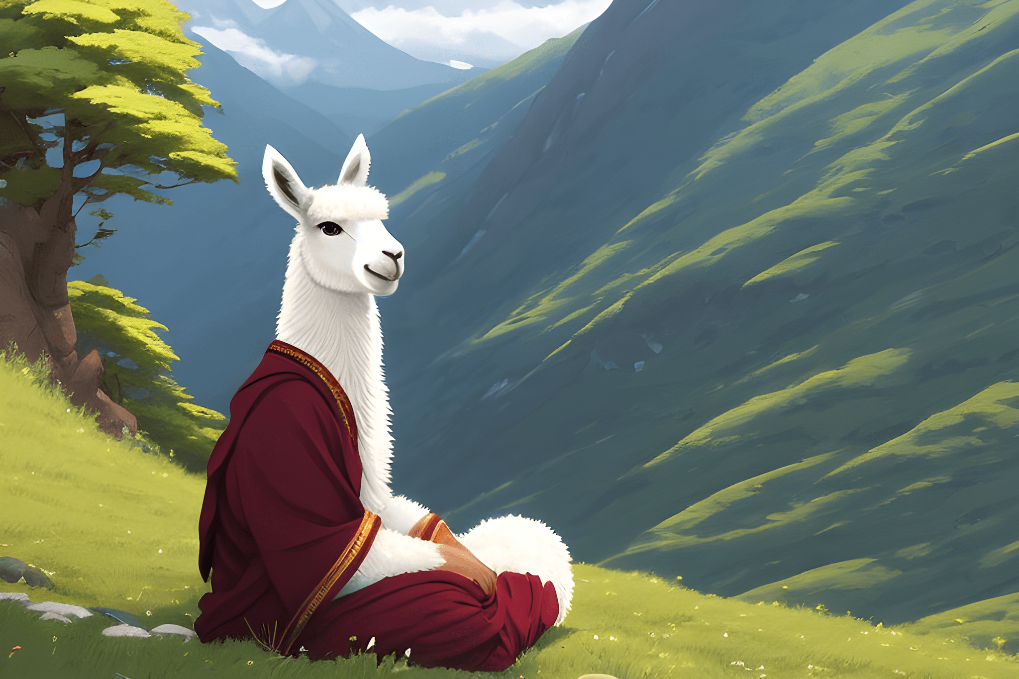 Picture of a anthropomorphic lama sitting in cross legged pose with mountains and forest in background