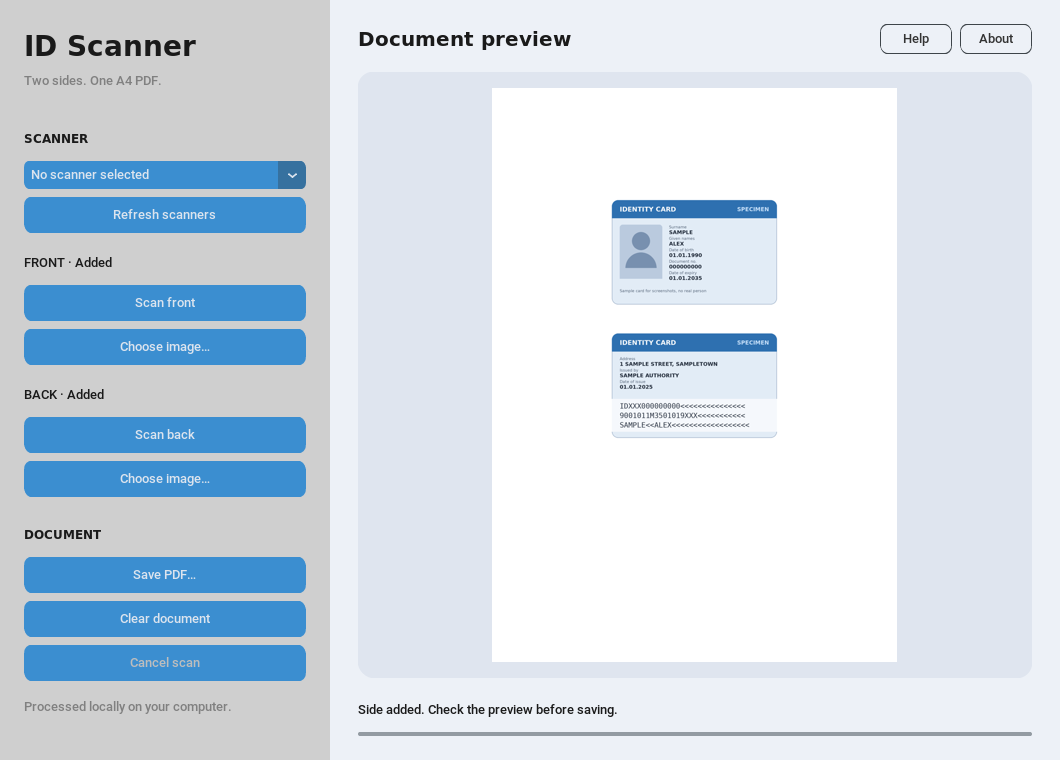 ID Scanner with both sides of a sample card on an A4 page