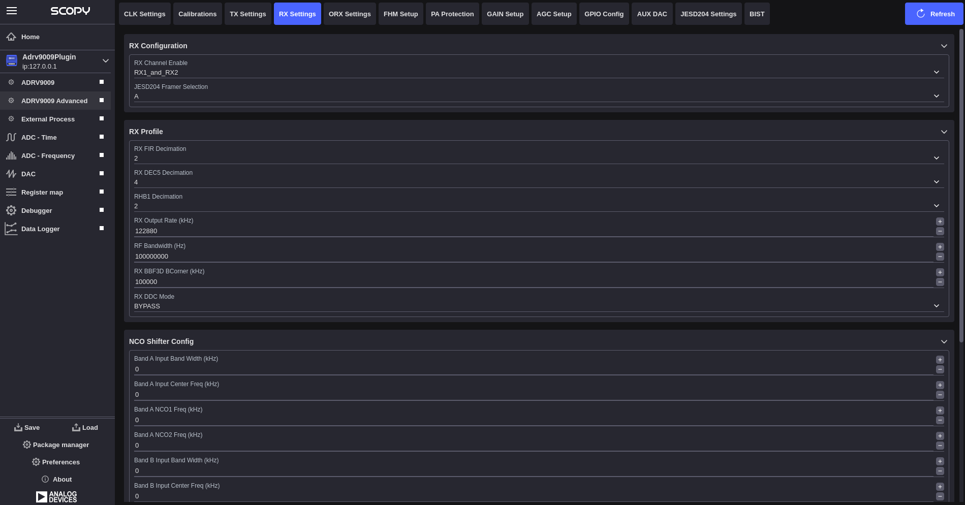 ADRV9009 RX Settings Interface 1