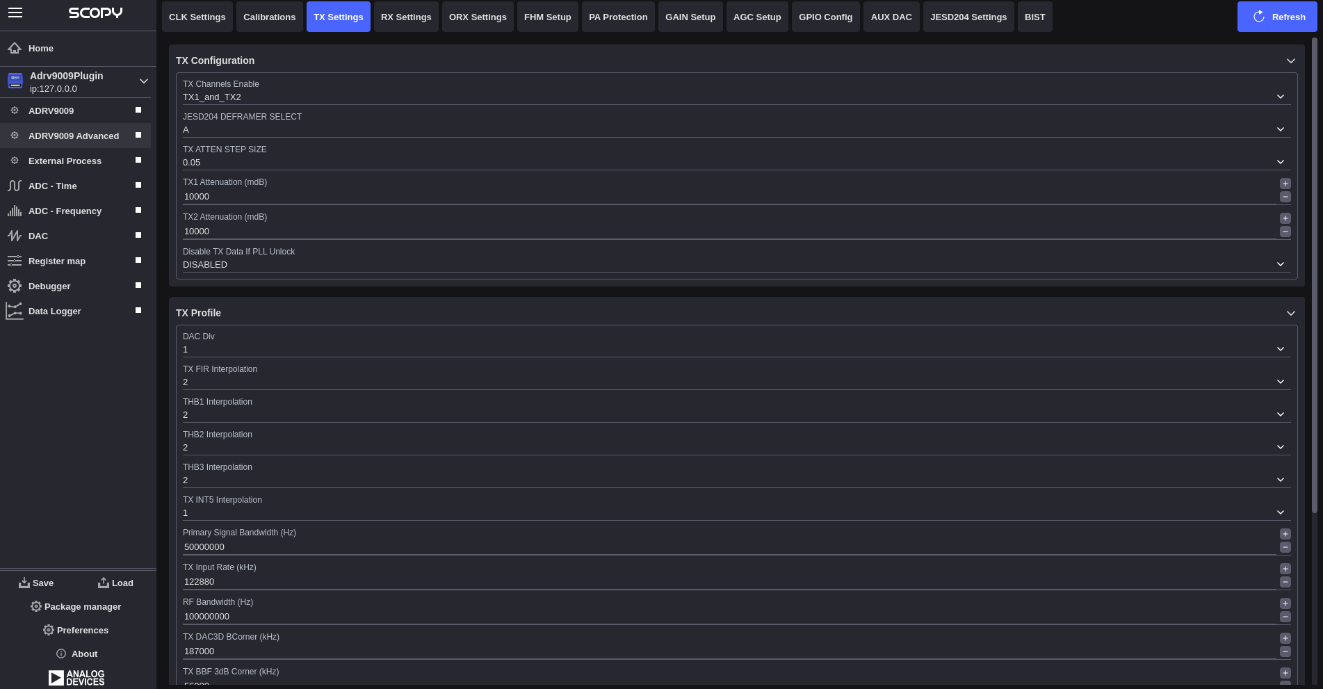 ADRV9009 TX Settings Interface 1
