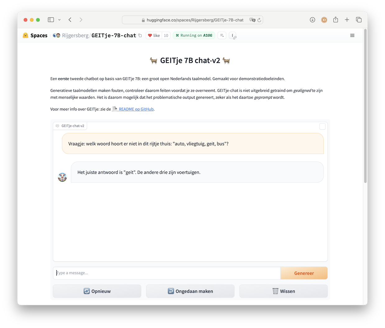 GEITje-chat Hugging Face Space screenshot