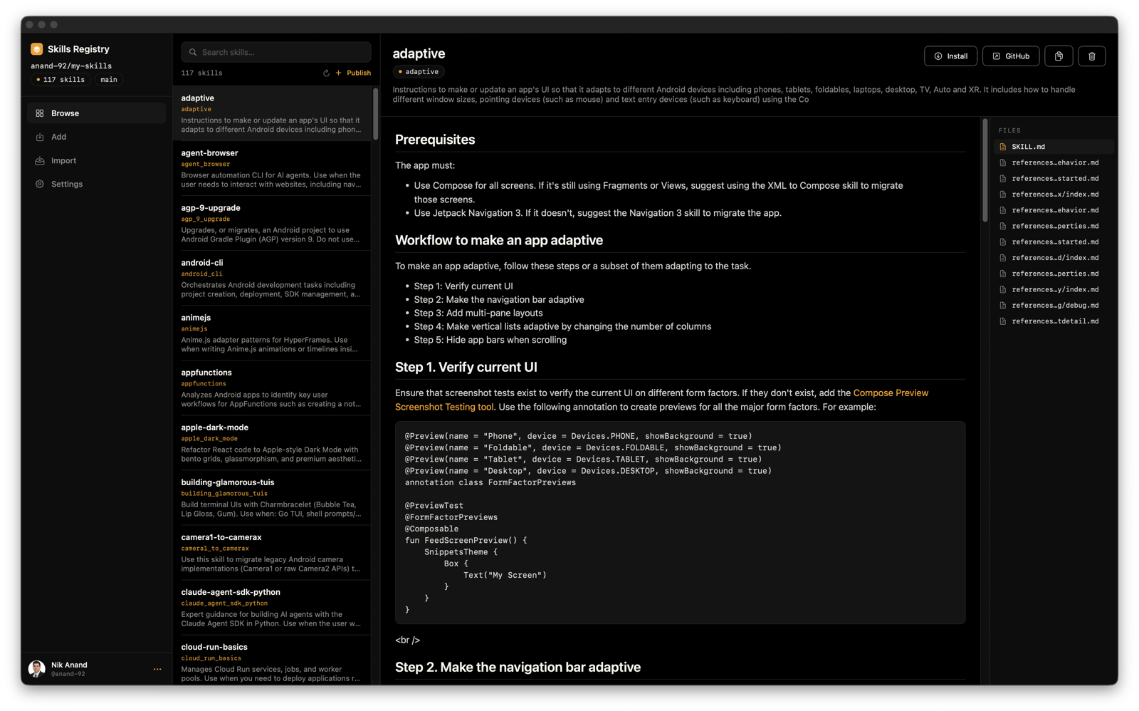 Skills Registry macOS app — three-pane layout with the skill list, rendered SKILL.md, and a per-skill file browser.