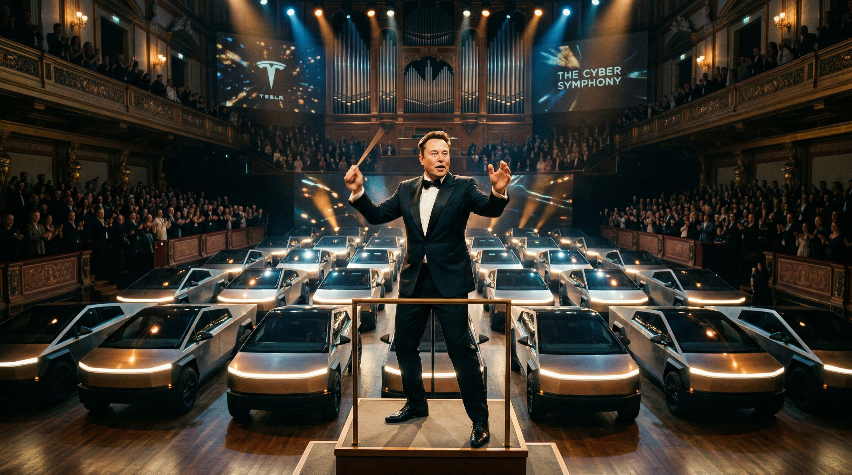 Elon conducting Cybertruck orchestra