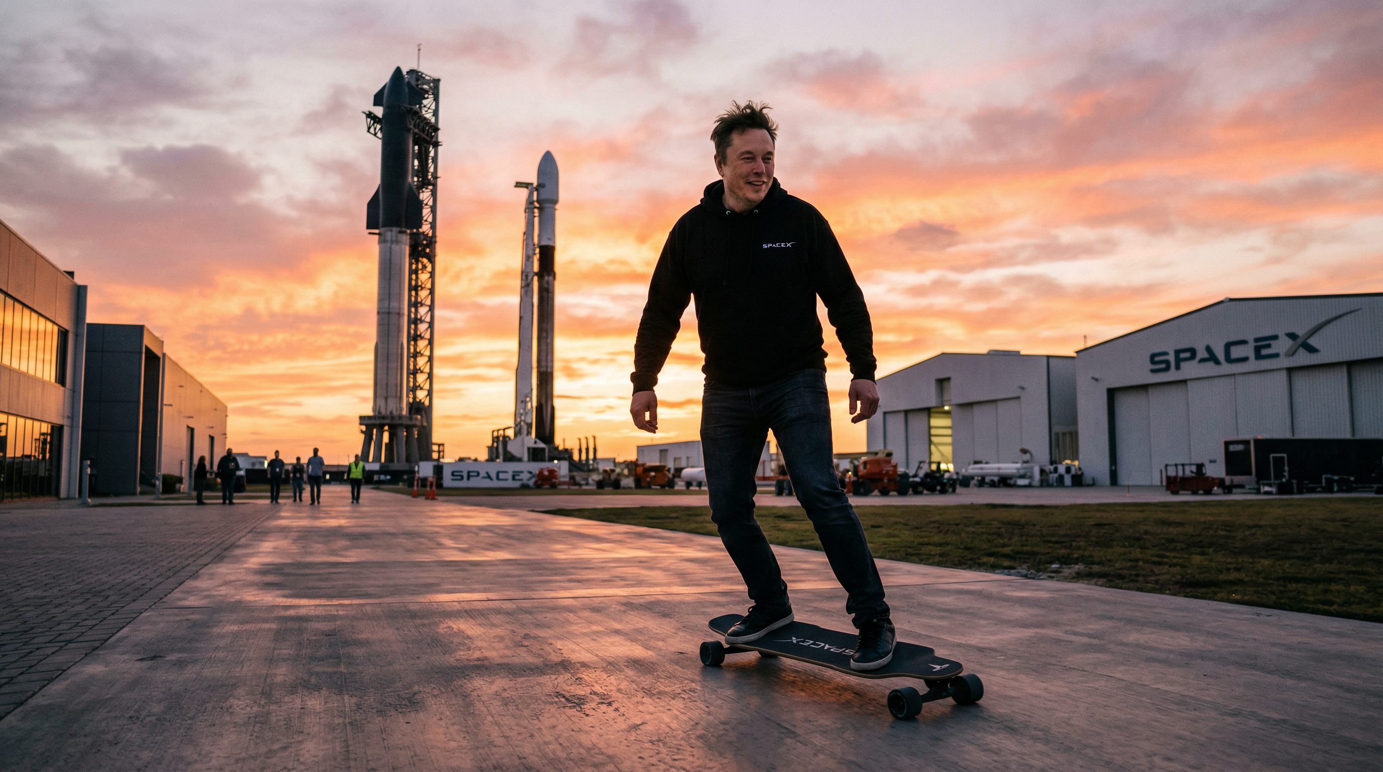 Elon skateboarding at SpaceX
