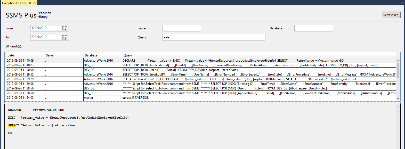 SSMS Plus Query History