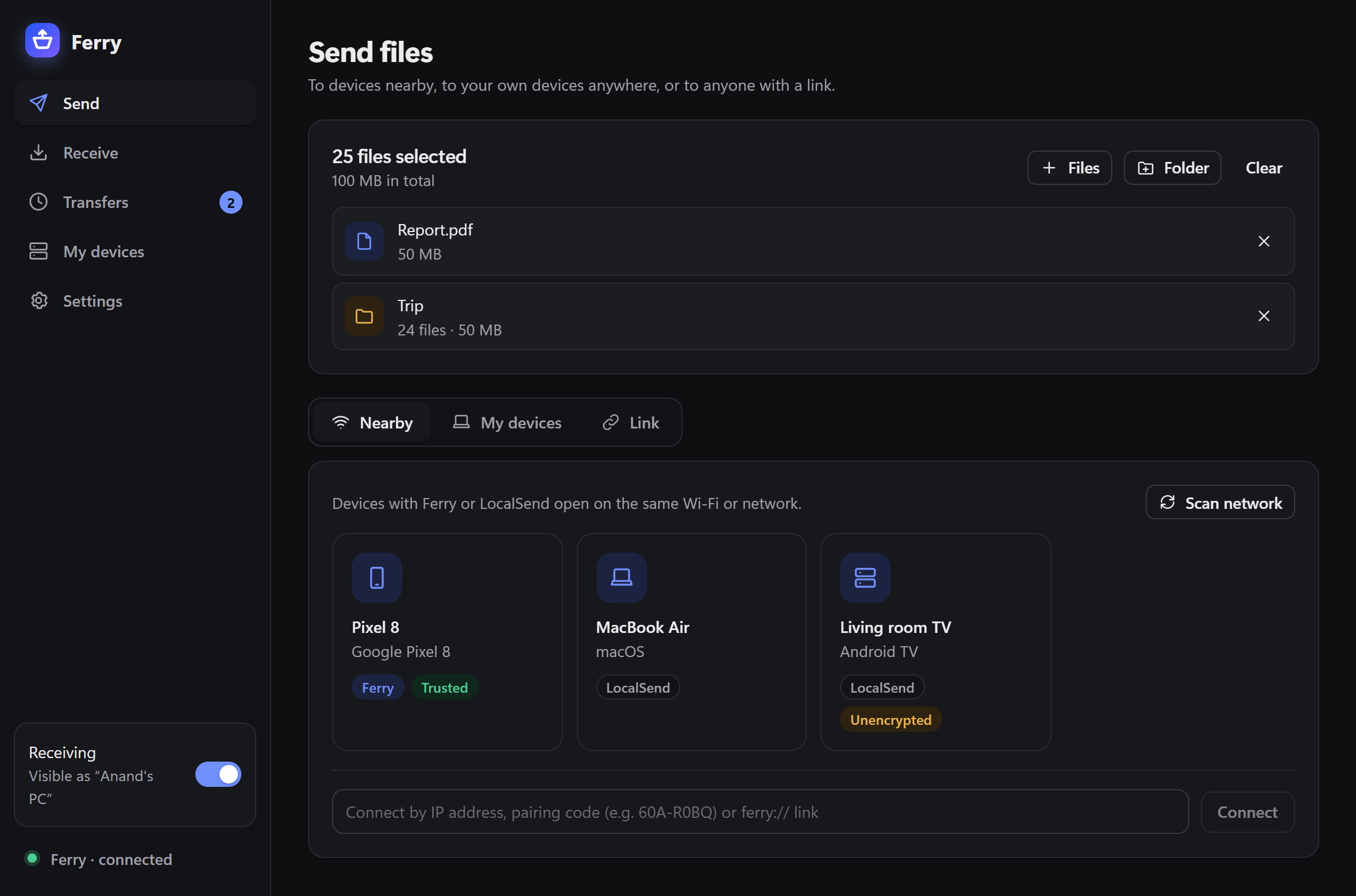 Send screen in dark theme