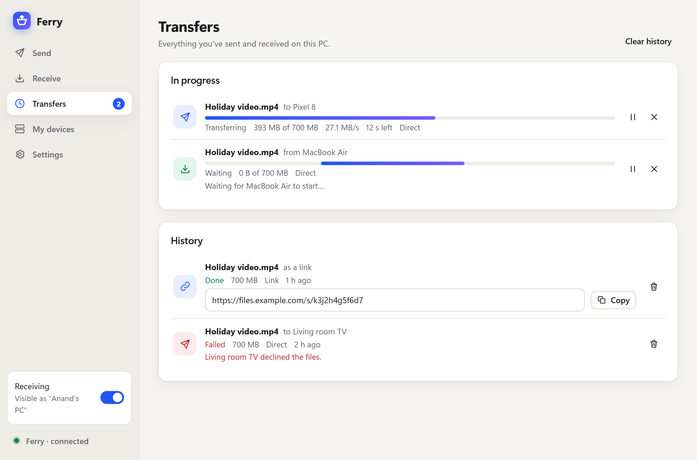 Transfers in light theme