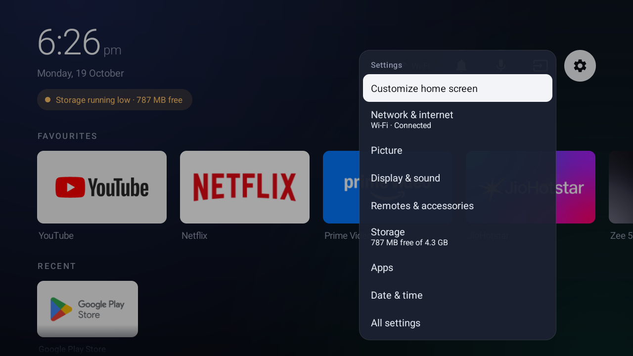 Settings menu under the gear button