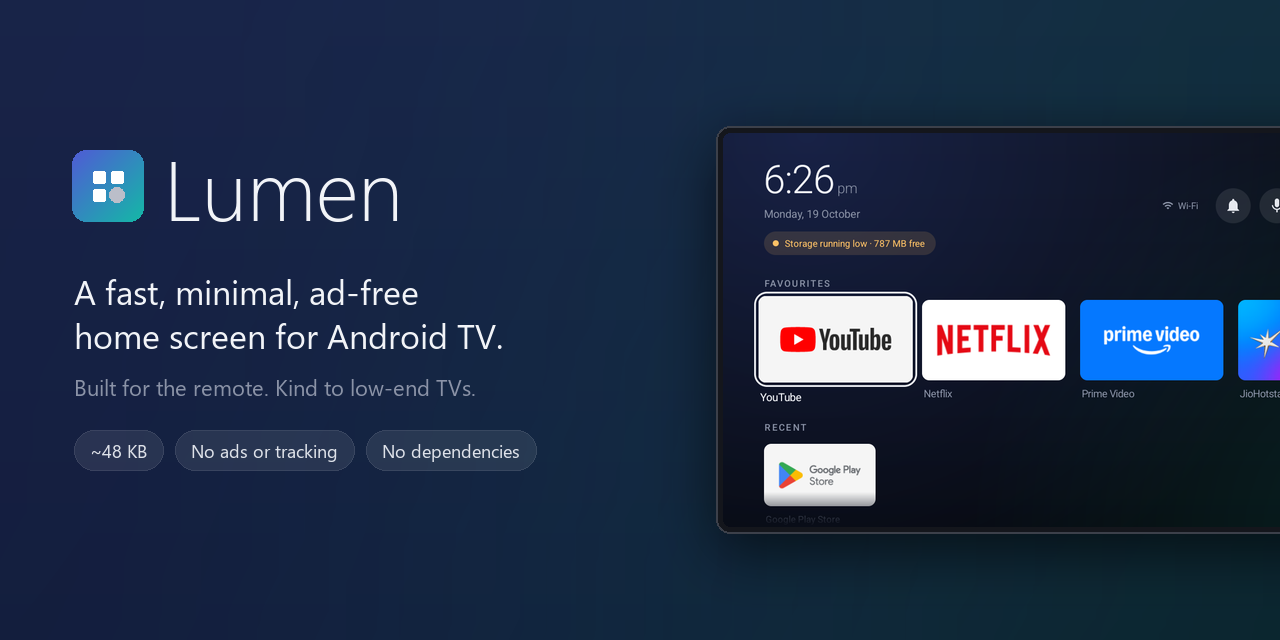 Lumen — a fast, minimal, ad-free home screen for Android TV