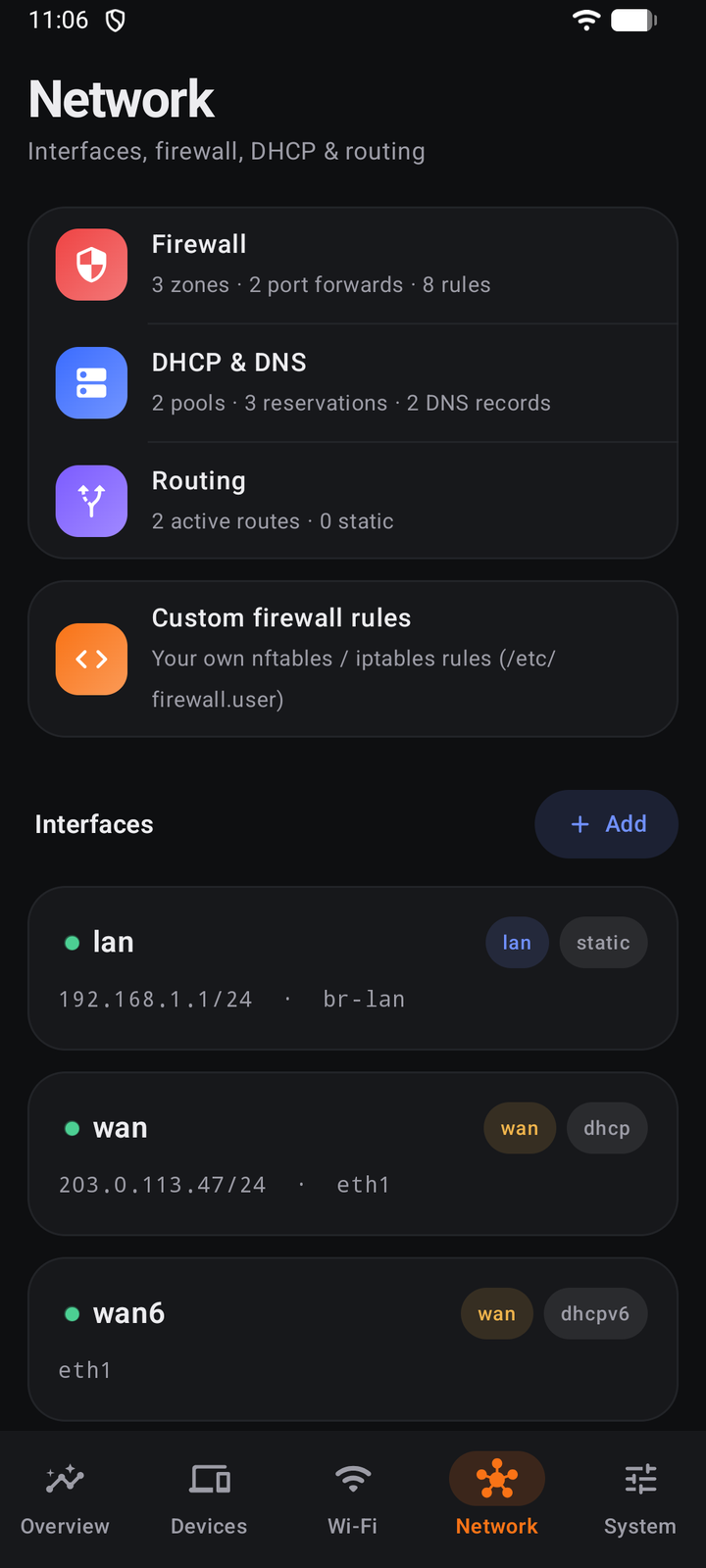 Interfaces, firewall and DHCP